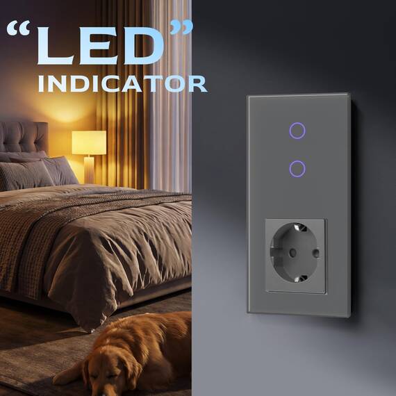 BSEED Touch Lichtschalter mit Steckdose mit LED Anzeige 2 Fach 2 Weg Berühren Sie Das Sensorfeld Touchscreen Wandsteckdosen LED Lamps Grau(Nicht Smart Schalter)