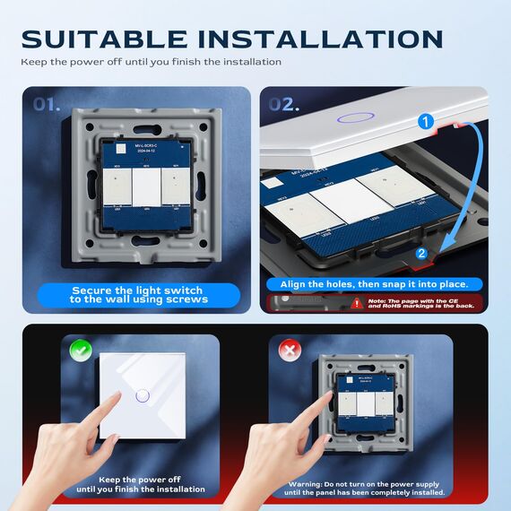 BSEED Touch Lichtschalter 2 Fach 2 Wege mit 2 Fach 2 Wege Glas Lichtschalter Weiß Led Touch Schalter Touchscreen Kompatibel mit LED Lampe 157mm EU Standard