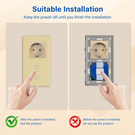 BSEED Steckdose mit Lichtschalter,Glas Touch Lichtschalter Unterputz Schalter,Schuko Steckdose mit 2 Fach 2 Wege Wandschalter Gold(Nicht Smart Schalter)