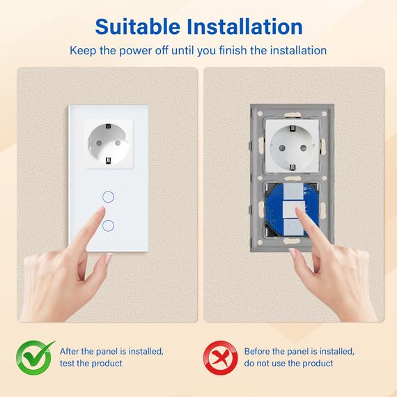 BSEED Steckdose mit Lichtschalter,Glas Touch Lichtschalter Unterputz Schalter,Schuko Steckdose mit 2 Fach 2 Wege Wandschalter Weiß(Nicht Smart Schalter)
