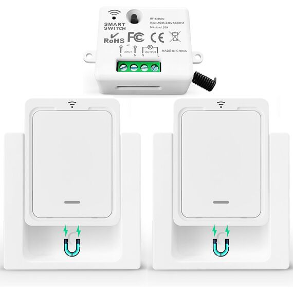 Tedeligo Funkschalter Set, Handsender Wandsender 2 in 1 Lichtschalter 100M Kontrollbereich Reichweite Für 230V Licht, Leistung Bis Zu 2500W,Lampe Keine Verkabelung Erforderlich, Weiß