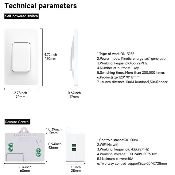 Cerhot US funk lichtschalter set outdoor funkschalter 230v funk lichttaster funk-wandschalter funkschalter fernbedienung batterielos kabellose lichtschalter funktaster für Lichter (US 1Gang 2V2 A)