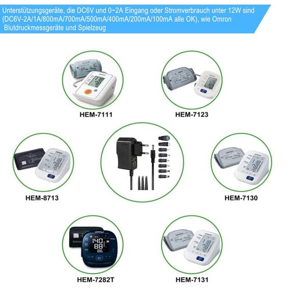 ZUOKENZU Netzteil 6V 2A Netzteil mit 8 DC Stecker Adapter AC230V 240V auf DC6V 500mA 1000mA 1500mA Netzteil für digitales Blutdruckmessgerät 6Volt Ladegerät Wechselrichter AC-DC Adapter (DC6V~2A)