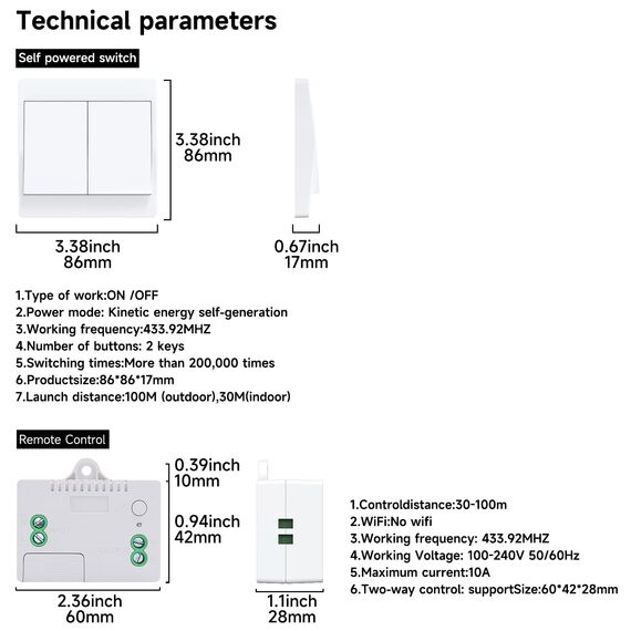 Cerhot doppel funkschalter 230v funk lichtschalter set funk lichttaster funk-wandschalter funkschalter fernbedienung batterielos kabellose lichtschalter funktaster für Lichter (EU 2Gang 2V2 A)