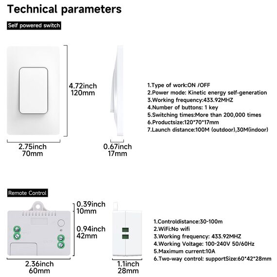 Cerhot 230V Funk Lichtschalter Set, Funkschalter Batterielose, Funk-Lichtschalter, Funk Schalter, Fernbedienungsschalter, Funkschalter für Lichter Beleuchtungskörper für Zuhause (US 1Gang 2V1 A)