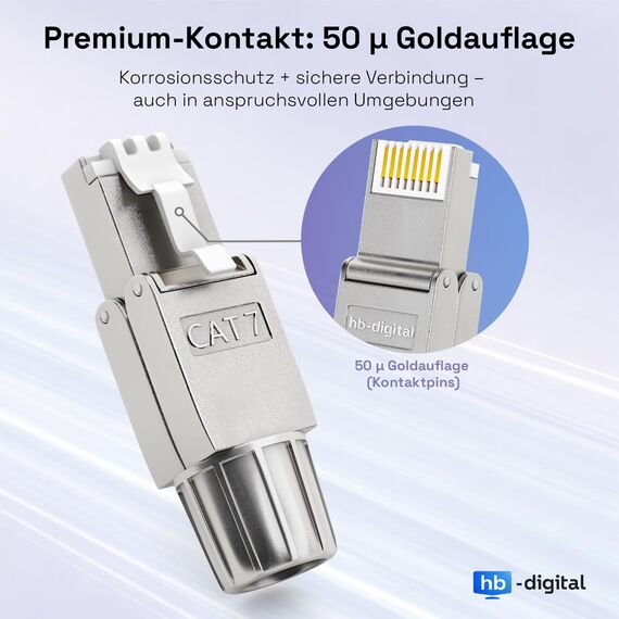 HB-DIGITAL 4x CAT 7 RJ45 Stecker Netzwerkstecker für starre LAN Kabel Verlegekabel Ethernet - werkzeuglos LSA - 10 Gbit/s AWG 22-24 vollgeschirmt STP 50μ vergoldete Kontakte