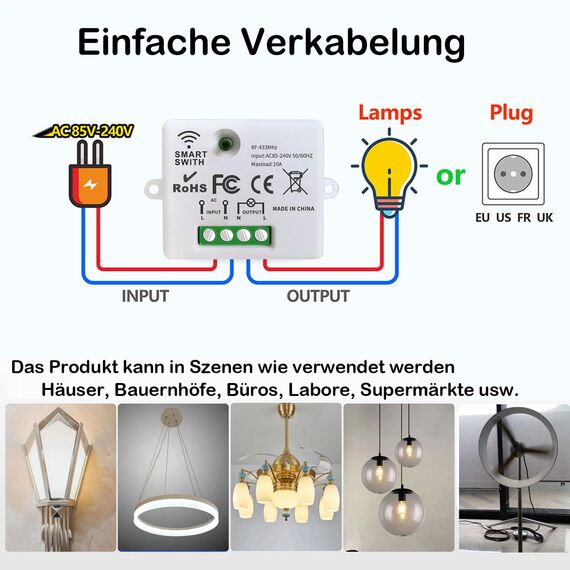 Tedeligo Kabelloser Lichtschalter Satz Funk, Mobiler Funksender Wandsender Licht 230V 100M Reichweite Funk Lichtschalter Für Lampe Keine Verkabelung Erforderlich, Leistung Bis Zu 2500W