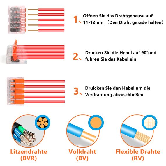 Kabelverbinder Kabelklemmen Elektro, 60 Stück Verbindungsklemmen Klemme mit Betätigungshebel, 4mm² Leiter Klemme Lüsterklemmen Verbindungsklemme Kombiniert Werden für Feste Kabe 2-3-5 Leiter
