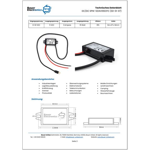Bauer Electronics | DC-DC 8V-32V zu 5V Spannungs-wandler USB-C 3A 15W | USB Buchse 12-V 5-V Strom-adapter USB Netzteil 24-V USB Spannungs-wandler Buck Converter Step-down Ladegerät Volt Lade-regler