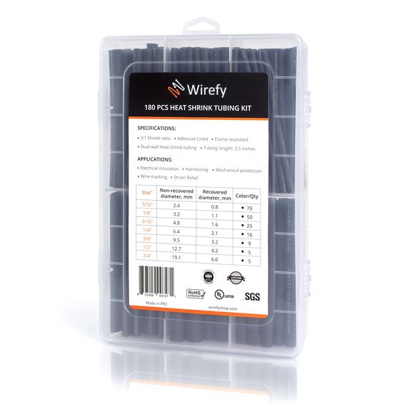 Wirefy Polymer Schrumpfschlauch Set (180 Stk) - Schrumpfschlauch mit Kleber wasserdicht - 3:1 Schrumpfschläuche - Heat Shrink Tube - Doppelwandig - Schwarz