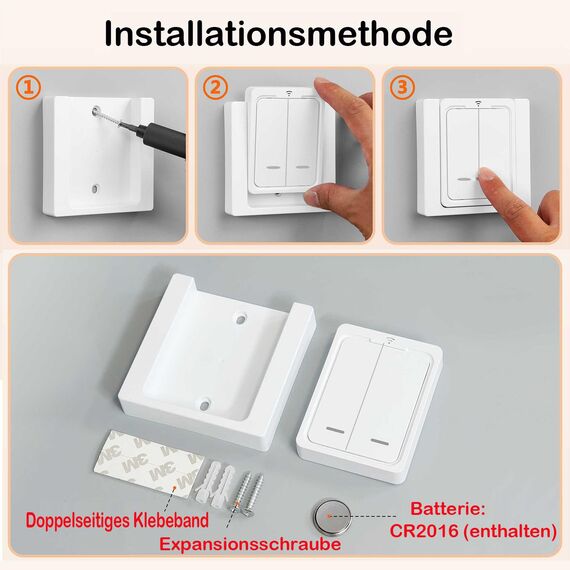 Tedeligo Kabelloses Lichtschalter Set, Mobiler Funksender Wandsender 2 in 1 Funkschalter Licht 100M Reichweite Funk Lichtschalter Für 230V Lampe Leistung Bis Zu 2500W, Keine Verkabelung Erforderlich