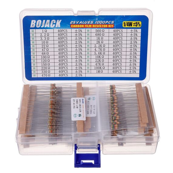 BOJACK Widerstände Sortiment Kit 1 Ohm - 1M Ohm 1/4W Carbon Film Widerstand Resistor Kit (25 Werte 1000 Stück)