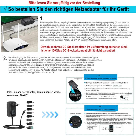 ZUOKENZU AC Adapter 9V 2A Netzteil AC220V zu DC9V 500mA 1000mA 1500mA 2000mA Leistungstreiber 5,5mm mit 8 DC Steckeradaptern Konverter Wechselrichter Ladegerät Transformator AC-DC Adapter (DC9V~2A)