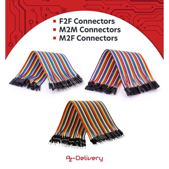 AZDelivery Jumper Wire Kabel 3 x 40 STK. je 20 cm M2M/ F2M / F2F kompatibel mit Arduino und Raspberry Pi Breadboard inklusive E-Book!