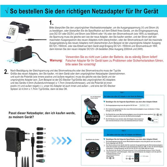 ZUOKENZU AC Adapter 5V 2A Netzteil AC220V 230V zu DC5V 500mA 1000mA 1500mA Leistungstreiber 5,5mm mit 8 DC Steckeradaptern Konverter Wechselrichter Ladegerät Transformator AC-DC Adapter (DC5V~2A)