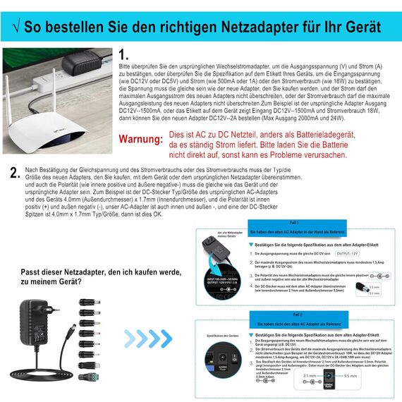 ZUOKENZU AC Adapter 15V 1A Netzteil AC220V zu DC15V 100mA 500mA 1000mA Leistungstreiber 5,5mm mit 8 DC Steckeradaptern Wechselrichter Ladegerät Transformator AC-DC Adapter (DC15V~1A)
