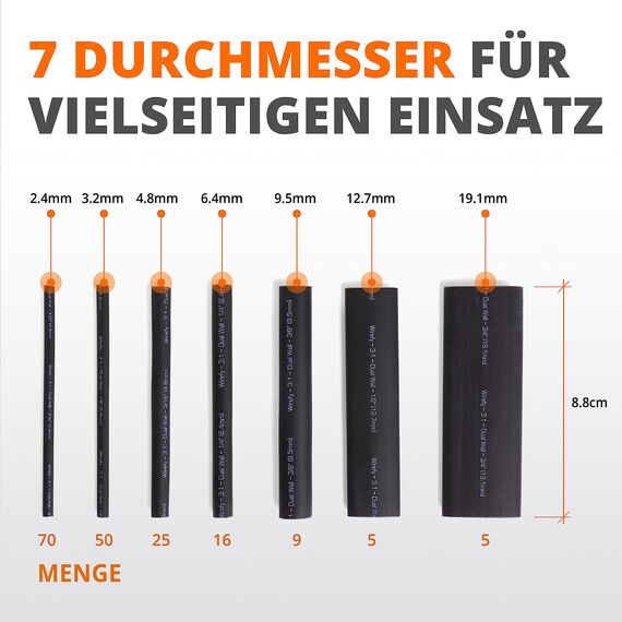 Wirefy Polymer Schrumpfschlauch Set (180 Stk) - Schrumpfschlauch mit Kleber wasserdicht - 3:1 Schrumpfschläuche - Heat Shrink Tube - Doppelwandig - Schwarz