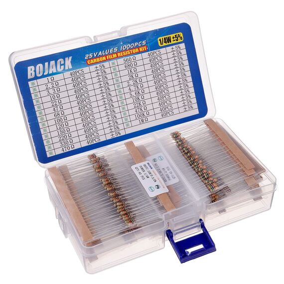 BOJACK Widerstände Sortiment Kit 1 Ohm - 1M Ohm 1/4W Carbon Film Widerstand Resistor Kit (25 Werte 1000 Stück)