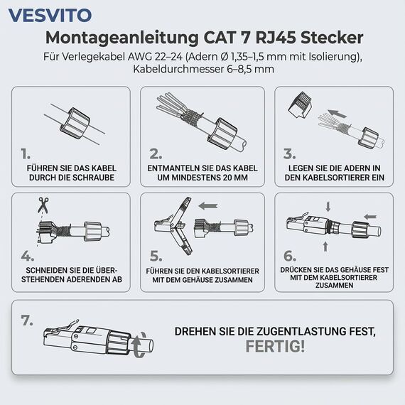 24x CAT 7 RJ45 Stecker 10 GBit/s 600 MHz Netzwerkstecker werkzeuglos PoE für CAT8 CAT7A CAT7 CAT6A Netzwerkkabel Verlegekabel Installationskabel AWG 22-24 LAN Kabel Crimpstecker Vergoldete Kontakte