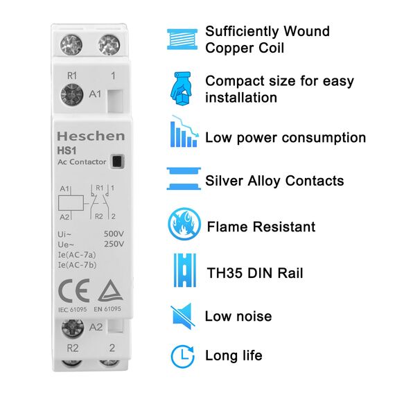 Heschen Haushalts-Wechselstromschütz, HS1-25, 2-polig, 1NO, 1NC, AC 220 V/240 V Spulenspannung, 35mm DIN-Schienenhalterung, CE-TUV-Liste