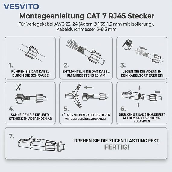 CAT 7 RJ45 Stecker 10 GBit/s 600 MHz Netzwerkstecker werkzeuglos PoE für CAT8 CAT7A CAT7 CAT6A Netzwerkkabel Verlegekabel Installationskabel AWG 22-24 LAN Kabel Crimpstecker Vergoldete Kontakte
