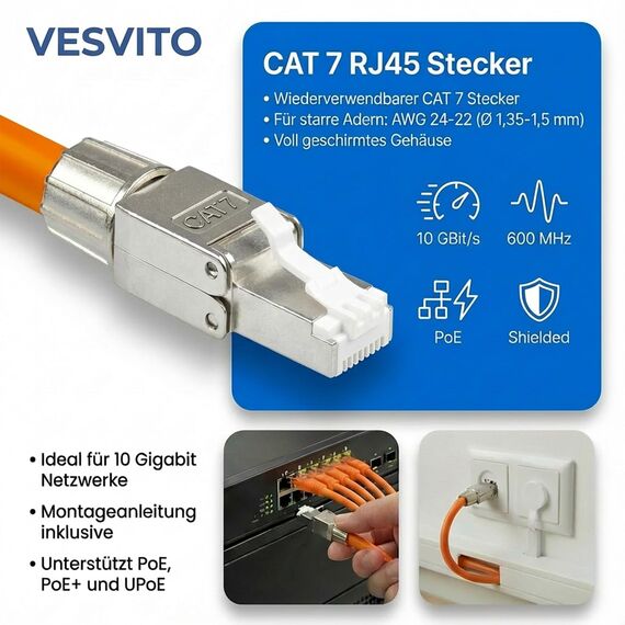 12x CAT 7 RJ45 Stecker 10 GBit/s 600 MHz Netzwerkstecker werkzeuglos PoE für CAT8 CAT7A CAT7 CAT6A Netzwerkkabel Verlegekabel Installationskabel AWG 22-24 LAN Kabel Crimpstecker Vergoldete Kontakte