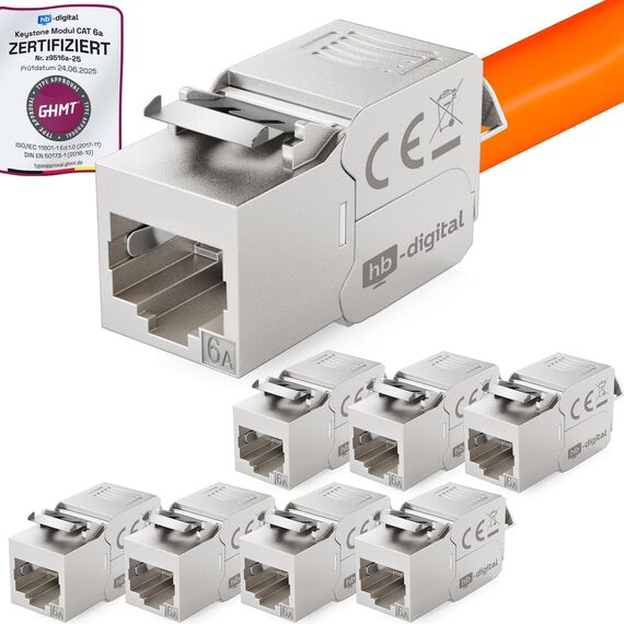 HB-DIGITAL 8x CAT 6a Keystone RJ45 Modul Buchse für starre LAN Kabel - GHMT Zertifiziert - 10 Gbit/s AWG 23-26 werkzeuglos LSA vollgeschirmt STP vergoldete Kontakte für Patchpanel Netzwerkdose
