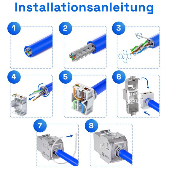 HB-DIGITAL 8x CAT 8 Keystone RJ45 Modul Buchse für LAN Kabel - GHMT Zertifiziert - 40 Gbit/s bis 2000 MHz AWG 22-26 werkzeuglos LSA vollgeschirmt STP Einbaubuchse für Patchpanel und Netzwerkdose