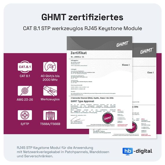 HB-DIGITAL 8x CAT 8 Keystone RJ45 Modul Buchse für LAN Kabel - GHMT Zertifiziert - 40 Gbit/s bis 2000 MHz AWG 22-26 werkzeuglos LSA vollgeschirmt STP Einbaubuchse für Patchpanel und Netzwerkdose