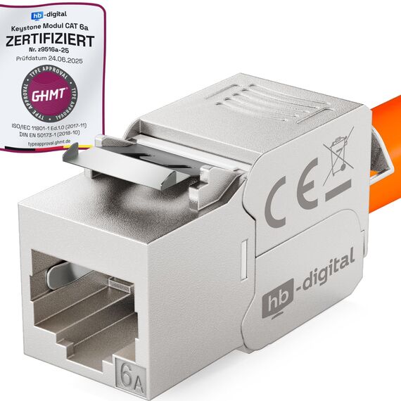 HB-DIGITAL 1x CAT 6a Keystone RJ45 Modul Buchse für LAN Kabel - GHMT Zertifiziert - 10 Gbit/s bis 500 MHz AWG 22-24 werkzeuglos LSA vollgeschirmt STP Einbaubuchse für Patchpanel und Netzwerkdose