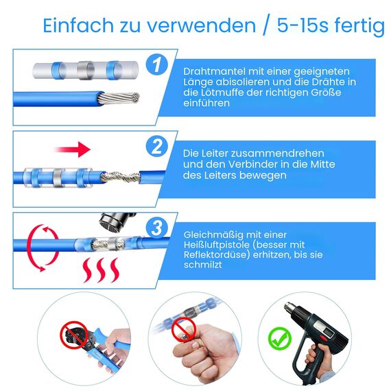Kuject Kabelverbinder, 120 stk Lötverbinder, Schrumpfschlauch Set Wasserdicht Schrumpfverbinder Quetschverbinder Stoßverbinder, Schrumpfverhältnis 3:1
