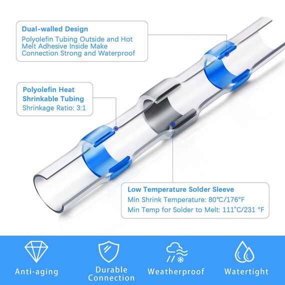 Kuject Kabelverbinder, 120 stk Lötverbinder, Schrumpfschlauch Set Wasserdicht Schrumpfverbinder Quetschverbinder Stoßverbinder, Schrumpfverhältnis 3:1