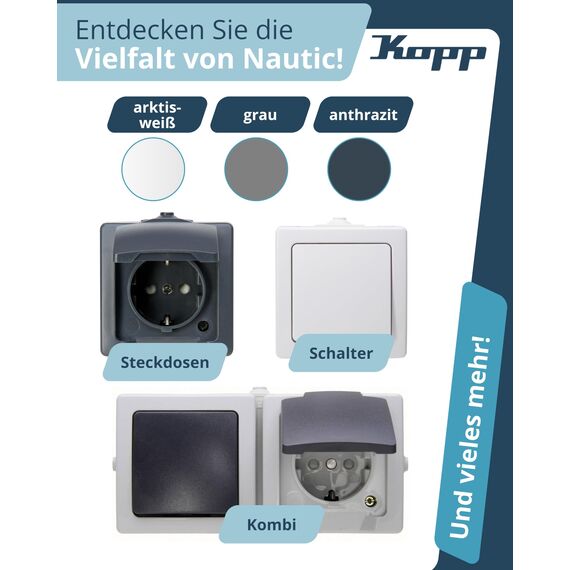 Kopp NAUTIC Universalschalter in Grau - 1-fach Lichtschalter-Aufputz mit 10AX Schaltvermögen - Sicherer IP44 Feuchtraum-Schalter-Aufputz - Hochwertiger Aus-Wechselschalter 250V~
