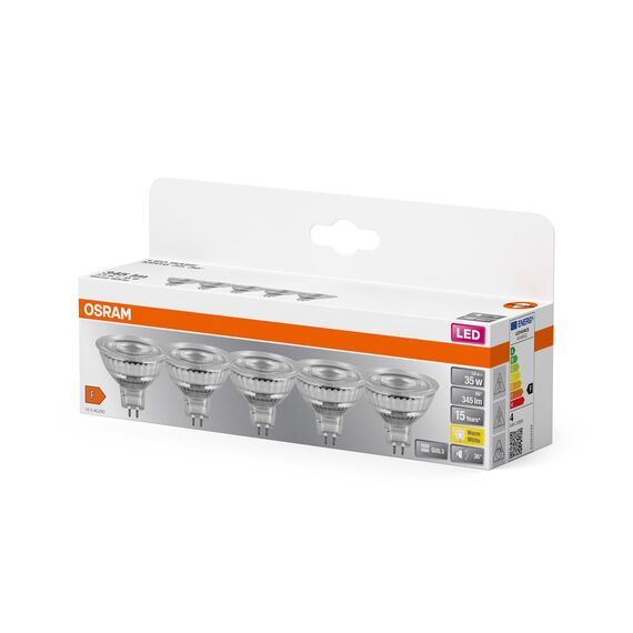Osram LED BASE MR16, Vorteilspack mit 5 Niedervolt Leuchtmittel, ersetzt herkömmliche 35W Reflektor Glühbirnen, warmweiß (2700K), 3.8W, GU5.3 Sockel, mattes Glas, nicht dimmbar