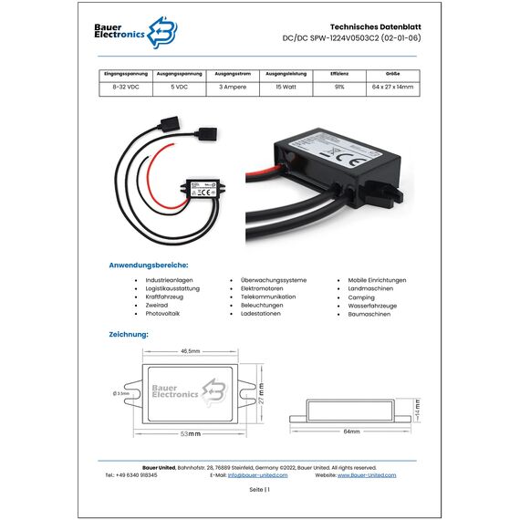 Bauer Electronics | DC-DC 8V-32V zu 5V Spannungs-wandler dual USB 3A 15W | USB Dose 12-V Strom-adapter USB Steckdose Netzteil 24-V USB 5-V Spannungs-wandler Step-down Ladegerät Volt Lade-regler
