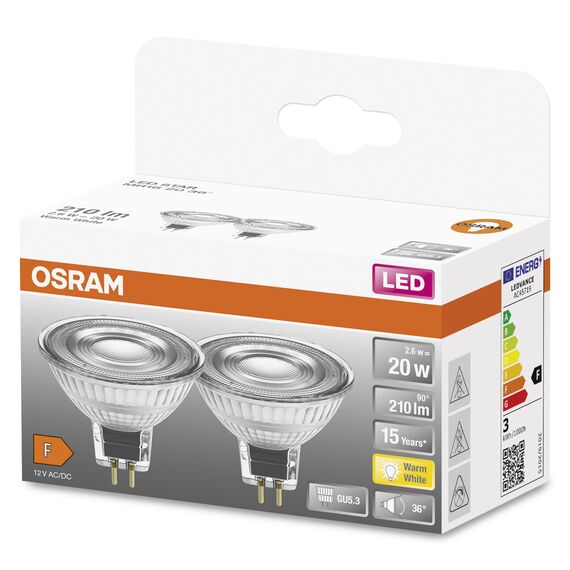 Osram Niedervolt-LED-Reflektorlampen MR16 mit Retrofit-Stecksockel. Produkteigenschaften: LED-Alternative zu Niedervolthalogenlampen, 2-pack