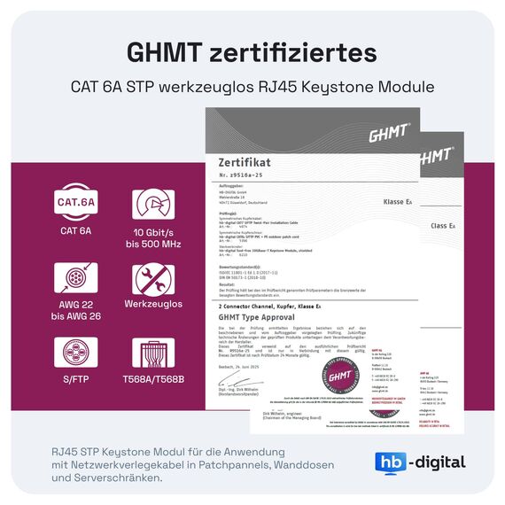 HB-DIGITAL 2x CAT 6a Keystone RJ45 Modul Buchse für starre LAN Kabel - GHMT Zertifiziert - 10 Gbit/s AWG 23-26 werkzeuglos LSA vollgeschirmt STP vergoldete Kontakte für Patchpanel Netzwerkdose