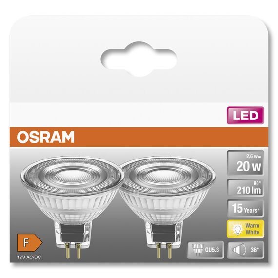 Osram Niedervolt-LED-Reflektorlampen MR16 mit Retrofit-Stecksockel. Produkteigenschaften: LED-Alternative zu Niedervolthalogenlampen, 2-pack