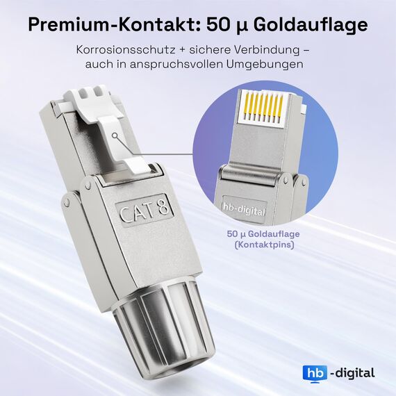 HB-DIGITAL 100x CAT 8 RJ45 Stecker Netzwerkstecker für starre LAN Kabel Verlegekabel Ethernet - werkzeuglos LSA - 40 Gbit/s AWG 22-26 vollgeschirmt STP 50μ vergoldete Kontakte