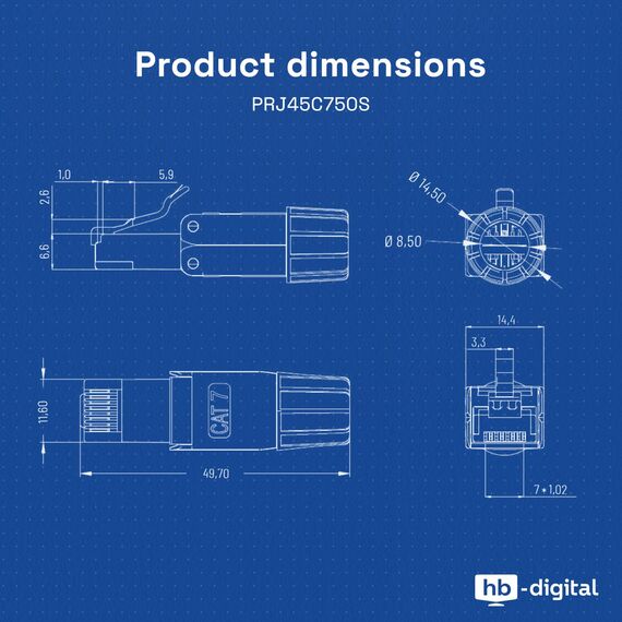 HB-DIGITAL 1x CAT 7 RJ45 Stecker Netzwerkstecker für starre LAN Kabel Verlegekabel Ethernet - werkzeuglos LSA - 10 Gbit/s AWG 22-24 vollgeschirmt STP 50μ vergoldete Kontakte