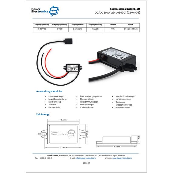 Bauer Electronics | DC-DC 8V-32V zu 5V Spannungs-wandler USB 3A 15W | USB Buchse 12-V 5-V Strom-adapter Netzteil 24-V USB Buck Converter Step-down USB Ladegerät Motorrad Volt Lade-regler