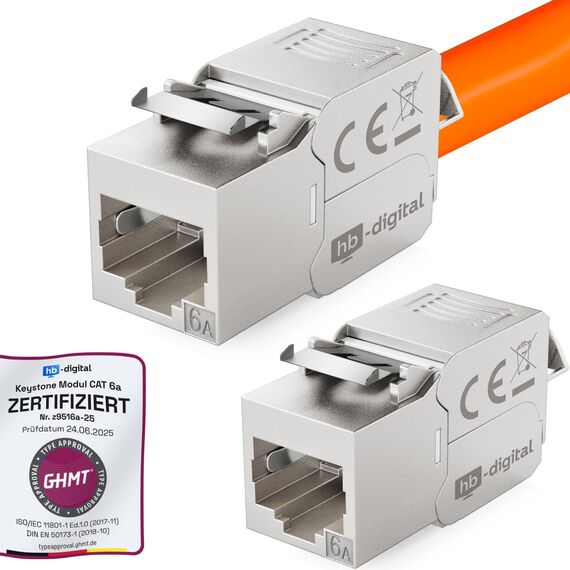 HB-DIGITAL 2x CAT 6a Keystone RJ45 Modul Buchse für starre LAN Kabel - GHMT Zertifiziert - 10 Gbit/s AWG 23-26 werkzeuglos LSA vollgeschirmt STP vergoldete Kontakte für Patchpanel Netzwerkdose