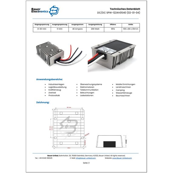 Bauer Electronics | DC-DC 8V-36V zu 5V Spannungs-wandler 40A 200W | 12-V 5-V Buck Converter Netzteil 24-V 5V Spannungs-stabilisator Spannungs-begrenzer Step-down 5V Volt