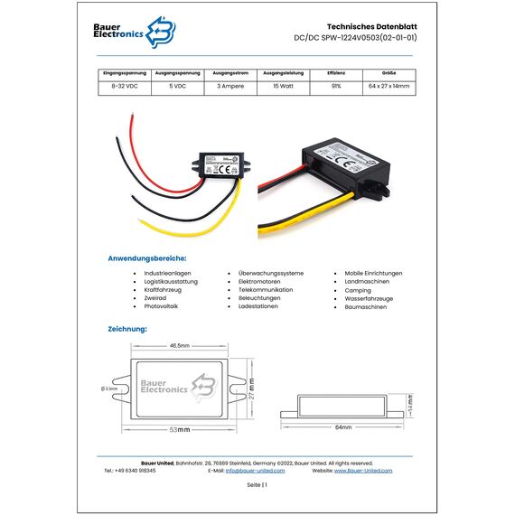 Bauer Electronics | DC-DC 8V-32V zu 5V Spannungs-wandler 3A 15W | 12-V 5-V Buck Converter Netzteil 24-V Spannungs-regler Spannungs-stabilisator Spannungs-begrenzer Step-down Volt