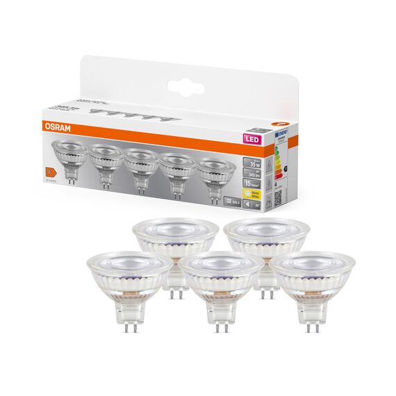 Osram LED BASE MR16, Vorteilspack mit 5 Niedervolt Leuchtmittel, ersetzt herkömmliche 35W Reflektor Glühbirnen, warmweiß (2700K), 3.8W, GU5.3 Sockel, mattes Glas, nicht dimmbar