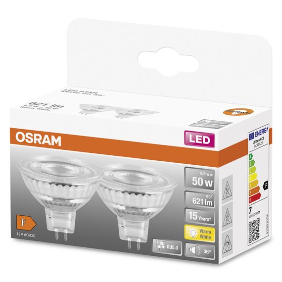 Osram Niedervolt-LED-Reflektorlampen MR16 mit Retrofit-Stecksockel. Produkteigenschaften: LED-Alternative zu Niedervolthalogenlampen, 2-pack