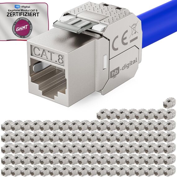 HB-DIGITAL 100x CAT 8 Keystone RJ45 Modul Buchse für starre LAN Kabel - GHMT Zertifiziert - 40 Gbit/s AWG 22-26 werkzeuglos LSA vollgeschirmt STP vergoldete Kontakte für Patchpanel und Netzwerkdose