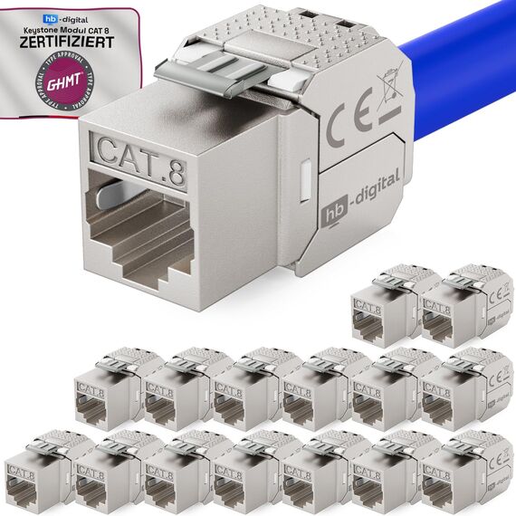 HB-DIGITAL 16x CAT 8 Keystone RJ45 Modul Buchse für starre LAN Kabel - GHMT Zertifiziert - 40 Gbit/s AWG 22-26 werkzeuglos LSA vollgeschirmt STP vergoldete Kontakte für Patchpanel und Netzwerkdose