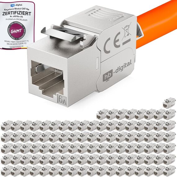 HB-DIGITAL 100x CAT 6a Keystone RJ45 Modul Buchse für starre LAN Kabel - GHMT Zertifiziert - 10 Gbit/s AWG 23-26 werkzeuglos LSA vollgeschirmt STP vergoldete Kontakte für Patchpanel Netzwerkdose