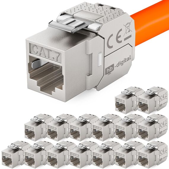 HB-DIGITAL 16x CAT 7 Keystone RJ45 Modul Buchse für starre LAN Kabel 10 Gbit/s AWG 22-24 werkzeuglos LSA vollgeschirmt STP vergoldete Kontakte für Patchpanel Netzwerkdose